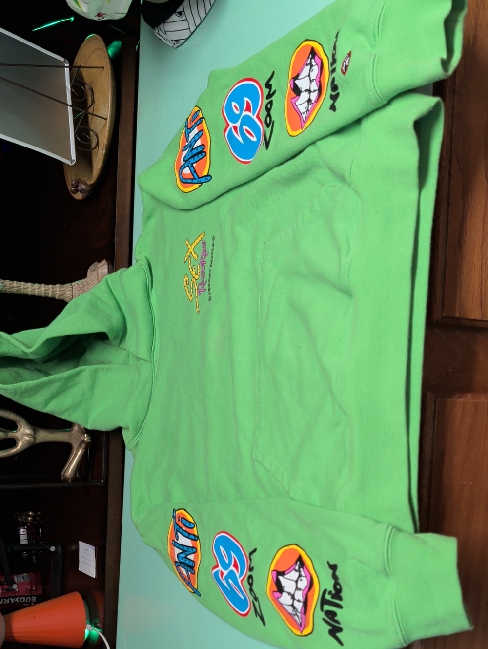 Chrome Hearts Lime Green Hoodie with Colorful Patch Graphics